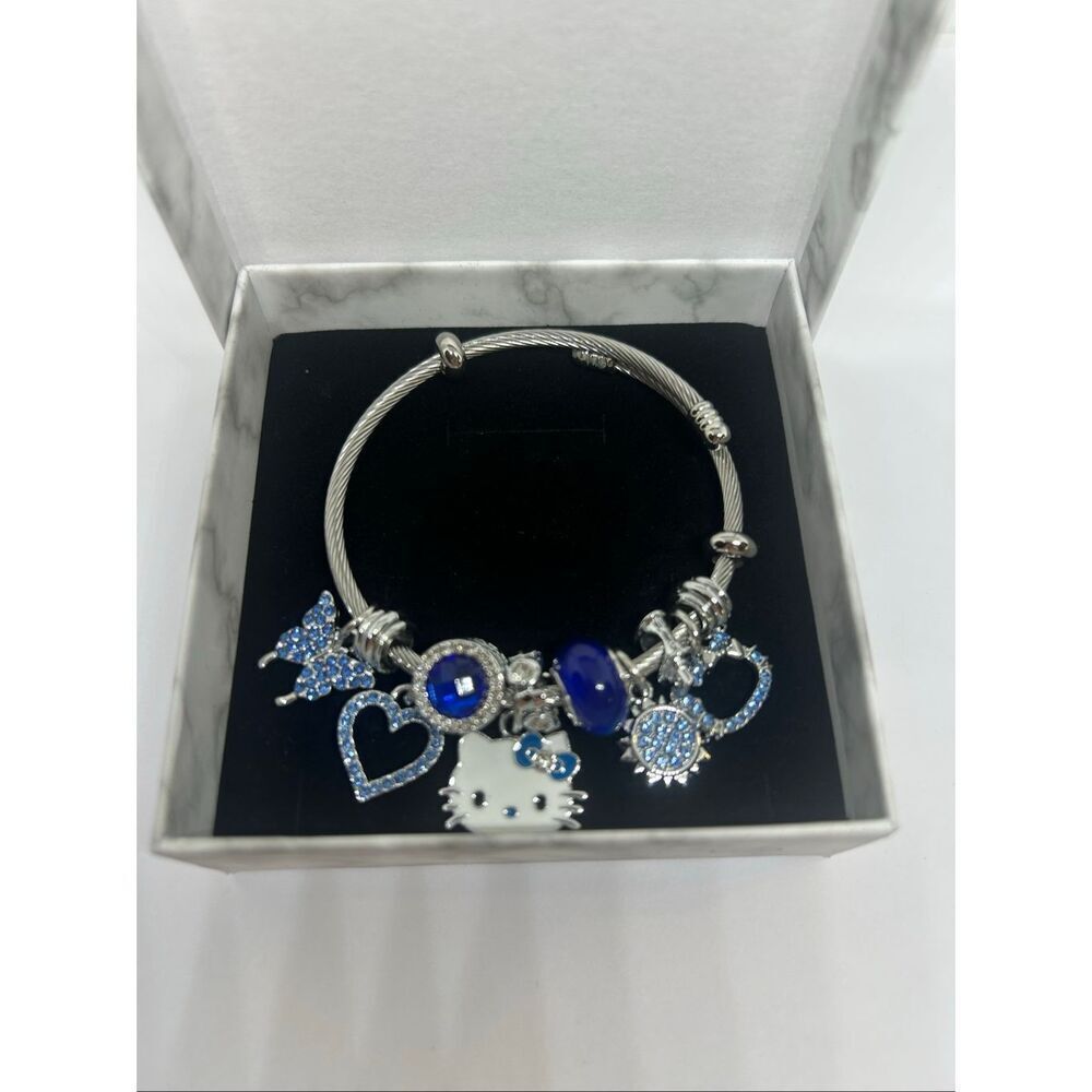 Hello Kitty Charm Bracelet Blue Rhinestone Heart Silver Tone